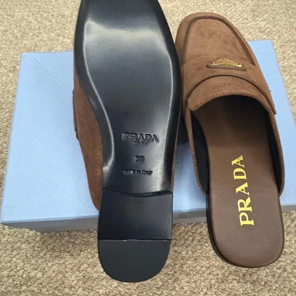 Prada Brown Suede Backless Loafers with Gold Logo - Picture 9 of 9